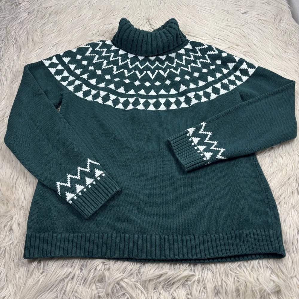 Duluth Trading Women's L Green Cotton Blend Fair Isle Turtleneck Heavy Scandi